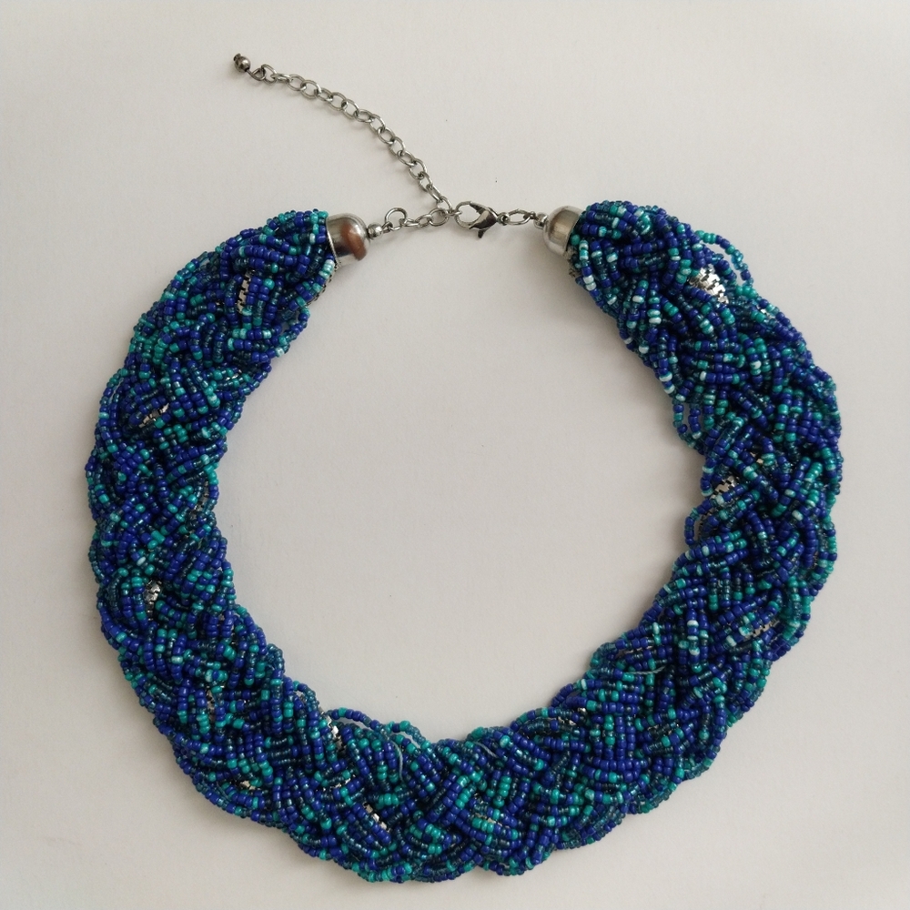 Chunky Glass Bead Braided Statement Necklace With Lobster Clasp Gently Used - Picture 3 of 9